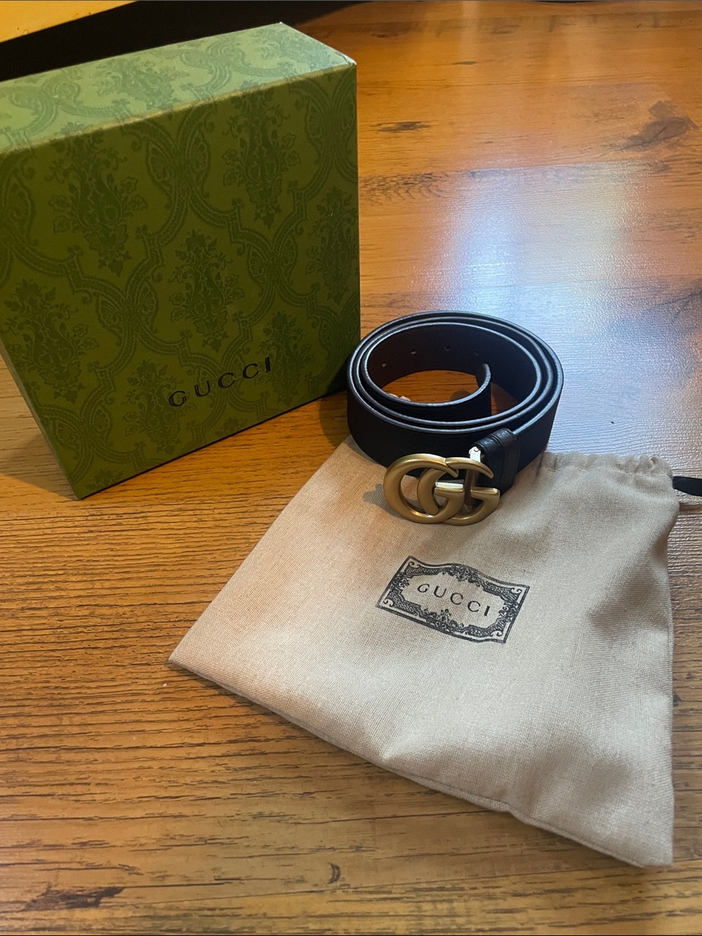 Gucci Black Leather Belt with Gold Double G Buckle